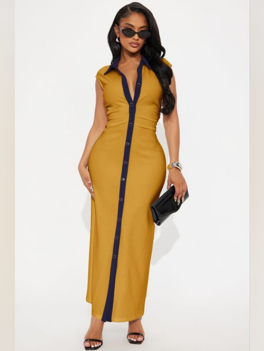 Fashionova Sleeveless Mustard Maxi Dress with Navy Trim Medium